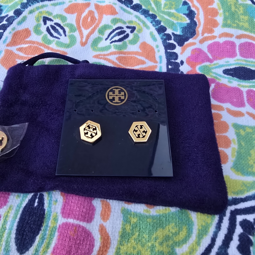 Tory Burch Gold Hexagonal Logo Stud Earrings - Polished Gold Tone - Picture 6 of 9